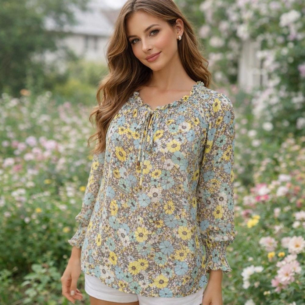 Jane + Delancey Cottage blue yellow floral Peasant Blouse Smocked small romantic - Picture 11 of 11